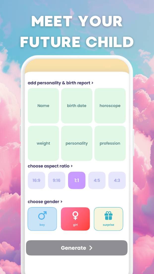 Bae baby face generator iPhone screen — save and share AI baby photo